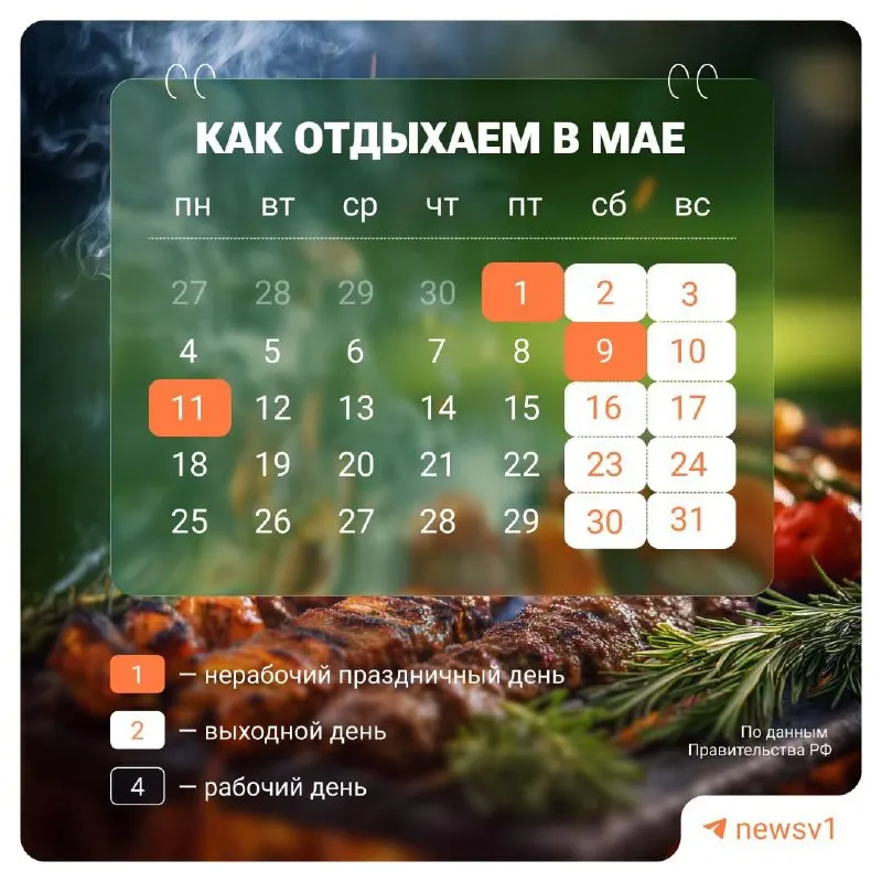 С 9 по 11 мая объявлены официальные нерабочие дни, посвящённые празднованию Дня Победы. В эти дни пройдут торжественные мероприятия по всей стране.