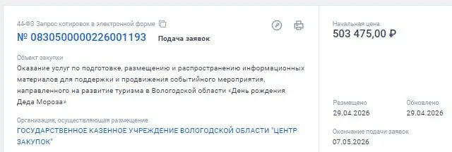 Объявлена закупка на 503 475 руб. на подготовку и распространение информационных материалов для поддержки туристического мероприятия «День рождения Деда Мороза». Приём заявок до 07.05.2026.