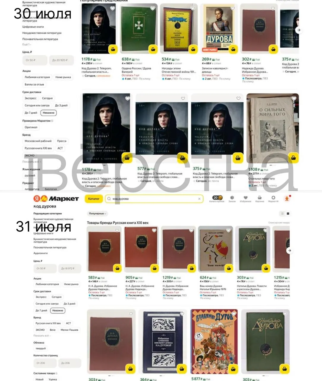 Дилогия «Код Дурова» исчезла с крупных маркетплейсов после действий правоохранительных и надзорных органов; в продаже остались лишь единичные экземпляры и копии у некоторых издательств.