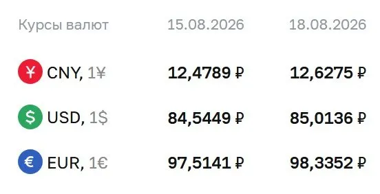 Официальный курс на вторник, 18 августа: доллар — ₽85,01; евро — ₽98,34; юань — ₽12,63. По данным ЦБ расчеты ведутся по ряду финансовых инструментов.