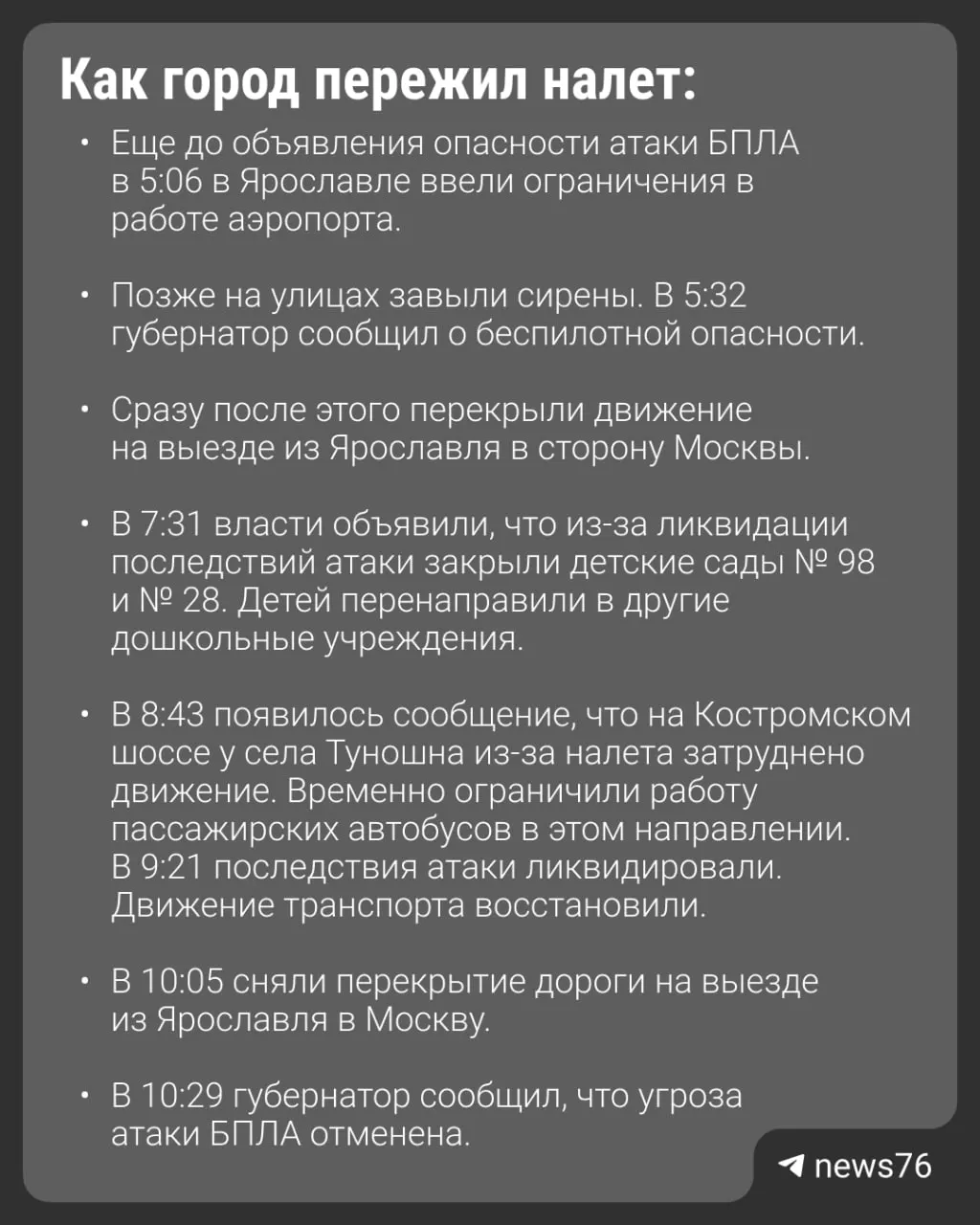 Утром в регионе Ярославль произошла атака беспилотников: задействованы 67 БПЛА, обломки повредили автобус; погиб один человек и 27 пострадали. Подробности — в карточках региональных новостей.