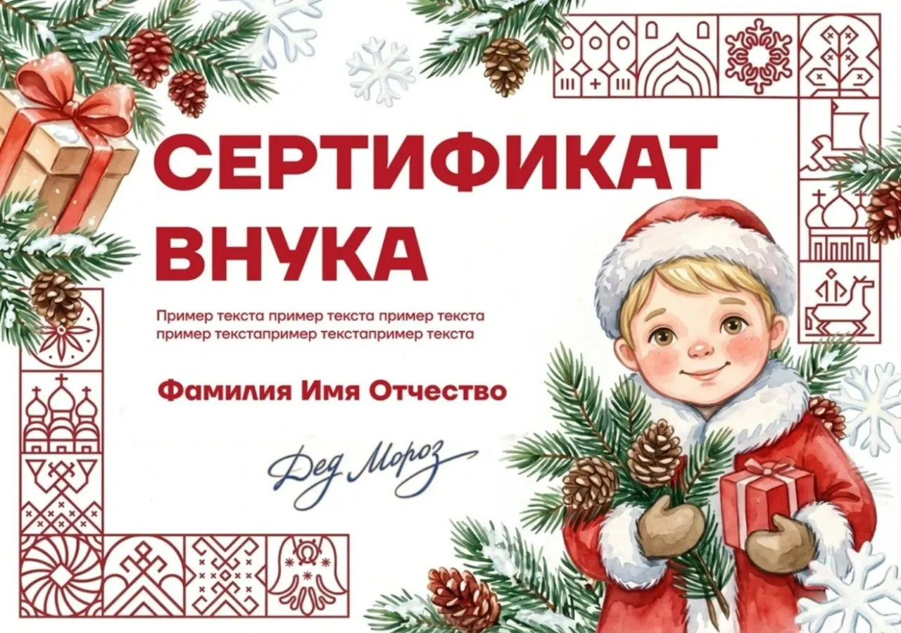 Имени сертификат даст семье право раз в год бесплатно посетить резиденцию Деда Мороза в Великом Устюге и встретиться с волшебником до достижения 10 лет. Сертификат распространяется на детей, родившихся в период 12 октября — 31 декабря 2026 года, при условии регистрации рождения в Великом Устюге; место проживания родителей не имеет значения.